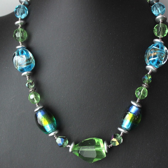 Art glass blue green beaded choker necklace and bracelet set lampwork Murano - Picture 7 of 8